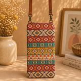 Eos Kolektif Taba Kırmızı Turkuaz Kilim Desenli Goblen Çapraz Telefon Çantası - 22 x 11,5 x 4 cm - Taba - Krem