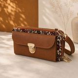 Eos Kolektif Taba Yeşil Şal Desenli Goblen Çapraz Cüzdan Çanta - 22 x 12 x 6,5 cm - Taba - Krem