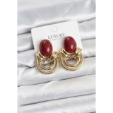 Epilons Pirinç Gold Renk Bordo Taşlı Vintage Kadın Küpe - TJ-BKP11356