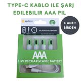 Epilons Usb Type-c İle Şarjolabilen 4 Adet Aaa 1.5v Lityum Şarjlı Kalem Pil 750 Mah Uzun Ömürlü FRTKGTepo10039