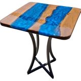 Epoksi Ceviz Ahşap Mavi Masa Metal Ayaklı 55X55