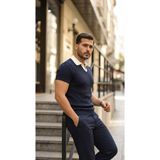 Equri Erkek Desenli Kısa Kollu Triko Tişört - %100 Pamuk Akrilik - Lacivert - XL