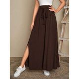 Equri Kadın Yüksek Bel Bei Kuşaklı Yandan Yırtmaçlı Uzun Sandy Etek - Kahve - 2XL - 3XL