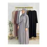 erasra class Şallı ,tesettür Yandan Büzgülü Elbise Takım Jilbab,abaya,hijab ( Hac Ve Umre Için ) Gri Renk