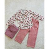 Eray Kids Çiçek Desenli Gömlekli Kız Çocuk 3’lü Takım – Hırka + Gömlek + Pantolon Kombin - Pembe - 7 Yaş