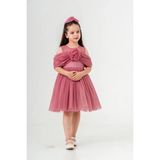 Eray Kids Kız Çocuk Gül Detaylı Tokalı Kabarık Doğum Günü Özel Gün Elbisesi - 7 Yaş - Pembe