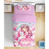 Erays Home Prenses ve Unicorn 3D Dijital Baskılı Tek Kişilik Nevresim Takımı Kız Çocuk Nevresim Takımı - 160 x 220 cm - Pembe