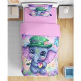 Erays Home Sevimli Fil 3D Dijital Baskılı Tek Kişilik Nevresim Takımı Kız Çocuk Nevresim Takımı - Mor - 160 x 220 cm