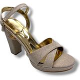 Erbay 308-26 Simli Saten Çapraz Bant Kalın Topuk Kadın SANDALET(11CM) - Altın