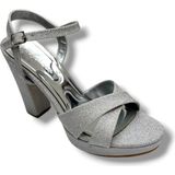 Erbay 308-26 Simli Saten Çapraz Bant Kalın Topuk Kadın SANDALET(11CM) - Gümüş