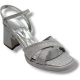 Erbay 405-26 Simli Çupra Kumaş Çapraz Bant Kalın Topuk Kadın Sandalet(7cm) - Gümüş