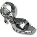 Erbay 603-26 Parlak Simli Deri Tek Bant Topuklu Kadın Sandalet (10CM) - Gümüş