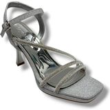Erbay 688-26 Parlak Simli Saten 3 Bant Orta Topuk Kadın SANDALET(10CM) - Gümüş