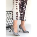 Erbilden Cerin Gümüş Saten Simli Topuklu Ayakkabı - (DipCamo)Charcoal-White
