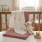 Erca Home Tekstil Ürünleri 2 Katlı Jakarlı Müslin Bebek Battaniyesi %100 Pamuk Nefes Alabilen Örtü - Beyaz - Pembe - 80 X 90