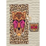 Erca Home Tekstil Ürünleri Leopar Desenli Pamuklu Plaj Havlusu ve Plaj Çantası Set Banyo Havlusu Dijital Baskılı Havlu - Kahverengi - 75 x 150 cm