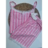 Ercan Pembe Beyaz Çizgili Askılı Şortlu Pijama Takımı - Pembe - Beyaz