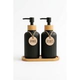 Ercazzo 2'li Cam Sıvı Sabunluk Seti 500 ml Bambu Standlı Siyah Mutfak Deterjanlık ve El Sabunluğu Dekoratif Banyo Organizeri