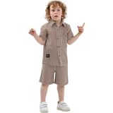 ERDEM KIDS Erkek Çocuk Kısa Kol Keten Gömlek Şort 2'li Alt Üst Takım — Kahverengi - 7 - 8 Yaş