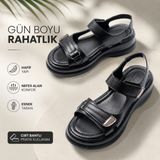 Erdem Store Cırt Bantlı Kadın Sandalet Hakiki Cilt Deri Ortopedik Yüksek Taban Günlük Rahat Anatomik Yazlık - Siyah