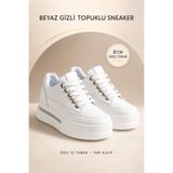 Erdem Store Kadın Beyaz Sneaker Gizli Topuklu 8 cm Cilt Spor Ayakkabı Özel Iç Taban Bağcıklı Günlük Ayakkabı