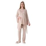 ERDENİZ TEKSTİL Kadın Hamile/Lohusa Pijama Takımı, Emzirme Özellikli, Dantel Detaylı Sabahlık-3'lü Set-Pregnant Clothing-3431 (Vizon, 2XL)