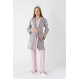 Erdeniz Tekstil Lohusa ve Hamilelere Özel Jakarlı Çizgili Sabahlık/düğmeli(Emzirmeli)Uzun Kollu Pijama Takımı-(3'lü) - Pudra - 2XL