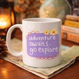 Erdo Ticaret Buğz Adventure Awaits Go Explore Yazılı Porselen Kupa Model 157 – Motivasyon Temalı, Sevimli Tasarım, Kahve & Çay Kupası - Belirtilmemiş - 001 - Beyaz