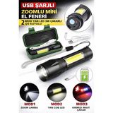 Erdo Ticaret Buğz USB Şarjlı Zoomlu Mini El Feneri 3 Mod Yan Cob LED Çakar Q5 Güçlü Işık Kutulu - 0,5