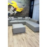 Erduran Mobilya Angelo 4 Modül + 2 Puf Köşe Koltuk Takımı (6 Modül) Keten Kumaş Gri