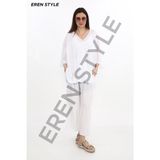 Eren Style Bohem Kruvaze Tek Düğmeli Keten Bluz - Beyaz