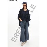 Eren Style Bohem Kruvaze Tek Düğmeli Keten Bluz - Lacivert