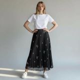 Eren Style Deri Görünümlü Kelebek ve Taş Detaylı Pileli Pamuklu Dokuma Viskon 4 Mevsim Etek(95 Cm)-(38-50) - Siyah - Standart