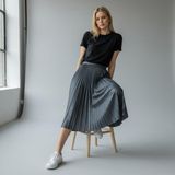 Eren Style Deri Görünümlü Pileli Pamuklu Dokuma Viskon 4 Mevsim Etek(95 Cm)-(38-48) - Gri - Standart