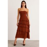 Eren Style Italyan 2 Beden Ince Gösteren Kat Kat Ipek Etek & Straplez Elbise - Tarçın - Standart