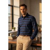 Eren Style Klasik %100 Cotton Uzun Kollu Terletmeyen Kışlık Flanel Kumaş 2 Renkli Çizgili Gömlek (Regular Kalıp) - 2XL - Lacivert