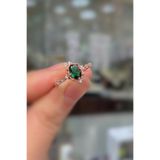 Erer Gümüş 925 Ayar Gümüş Rose Gold Oval Kesim yeşil Taşlı Vintage Tasarım Kadın Yüzük