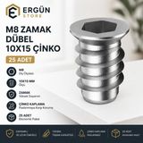 Ergün Store Metal Düz Dişli Dübel Ahşap Dübeli M8 10X15 Diş Çinko Mobilya Bağlantı Ünite Birleştirme (25 Adet)