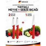 ERHCE 3'lü Solingen Bıçak Seti 2 Meyve Bıçağı + 1 Sebze Bıçağı Tırtıklı Bıçak - Kırmızı
