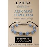 Erilsa Sertifikalı Açık Mavi Topaz Doğal Taş Bileklik - 8x8 mm Netlik Huzur Güven Enerji Taşı