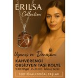 Erilsa Sertifikalı Gümüş Tel Sargılı Kahverengi Obsidyen Taşı Kolye – 30-35 mm Koruma ve Dönüşüm Taşı