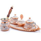 Eriza 2 Kişilik Işlemeli Cezveli Bakır Fincan Seti, Takımı ( Tepsi + Lokumluk + 2 Adet Fincan + Cezve ) - Beyaz