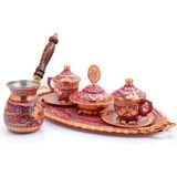 Eriza 2 Kişilik Işlemeli Cezveli Bakır Fincan Seti, Takımı ( Tepsi + Lokumluk + 2 Adet Fincan + Cezve ) - Lila