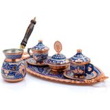 Eriza 2 Kişilik Işlemeli Cezveli Bakır Fincan Seti, Takımı ( Tepsi + Lokumluk + 2 Adet Fincan + Cezve ) - Mavi