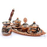 Eriza 2 Kişilik Işlemeli Cezveli Bakır Fincan Seti, Takımı ( Tepsi + Lokumluk + 2 Adet Fincan + Cezve ) - Renkli