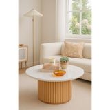 ERİZA Nare, Yeni Nesil Modern 80 cm çapında Yuvarlak Ekru & Natural Ahşap Orta Sehpa