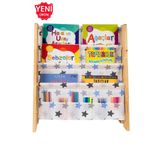 ERKAWOOD Montessori Doğal Ahşap Kitaplık Demonte Çocuk Odası Kreş Anaokulu Eğitici Kitaplık Raf Mavi Kumaşlı