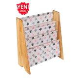 ERKAWOOD Montessori Doğal Ahşap Kitaplık Demonte Çocuk Odası Kreş Anaokulu Eğitici Kitaplık Raf Pembe Kumaşlı