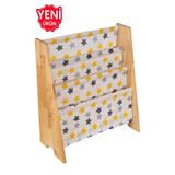 ERKAWOOD Montessori Doğal Ahşap Kitaplık Demonte Çocuk Odası Kreş Anaokulu Eğitici Kitaplık Raf Sarı Kumaşlı
