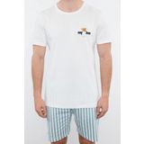 Erkek %100 Pamuk Bisiklet Yaka Kısa Kol Ekru Çizgili Regular Fit Couple Örme Şortlu Pijama Takımı